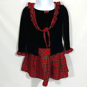 Girls Holiday Dress 3T Velvet Plaid Red Black